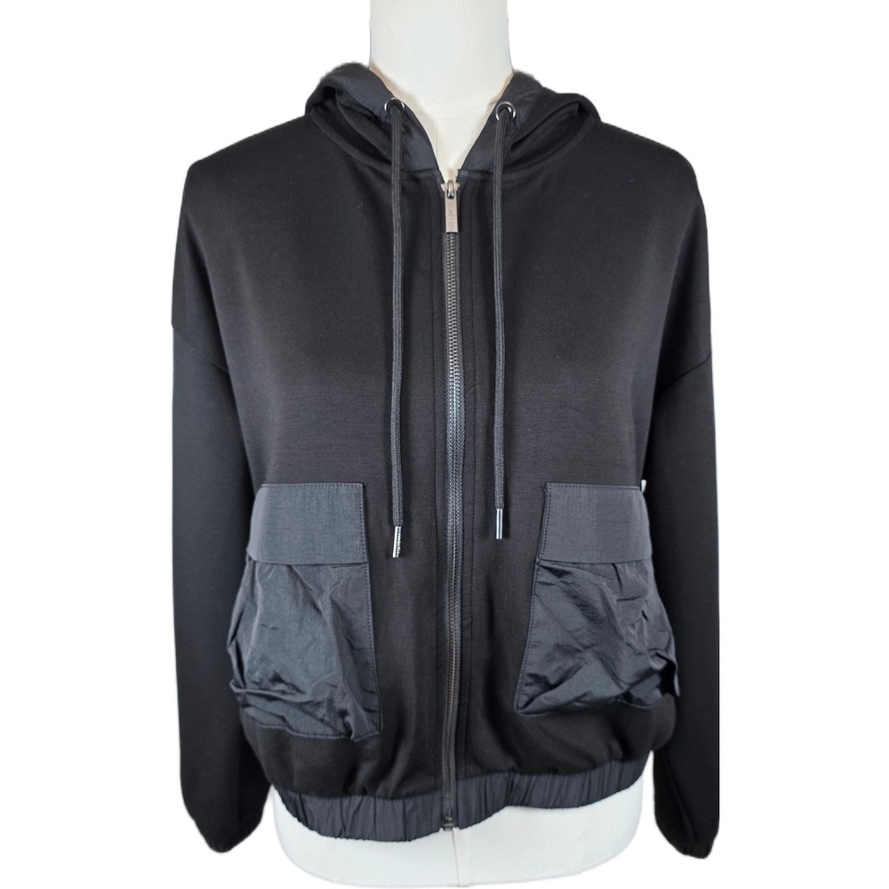 Jason Wu Women's Black Mixed Media Full Zip Hoodie w/Cargo Pockets